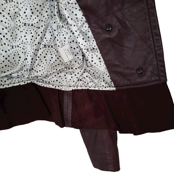 Eva Ouxiu Burgundy Lambskin Leather Crop Slim Fit Ruffled Moto Jacket - Picture 8 of 13